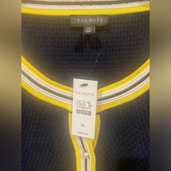 Talbots Women's Navy Yellow Trim Pearl Button Stretch Career Cardigan Sweater XL - Picture 3 of 14